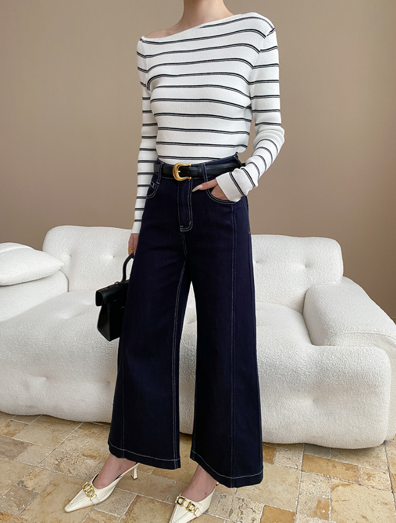 アシメネックボーダーニットトップス