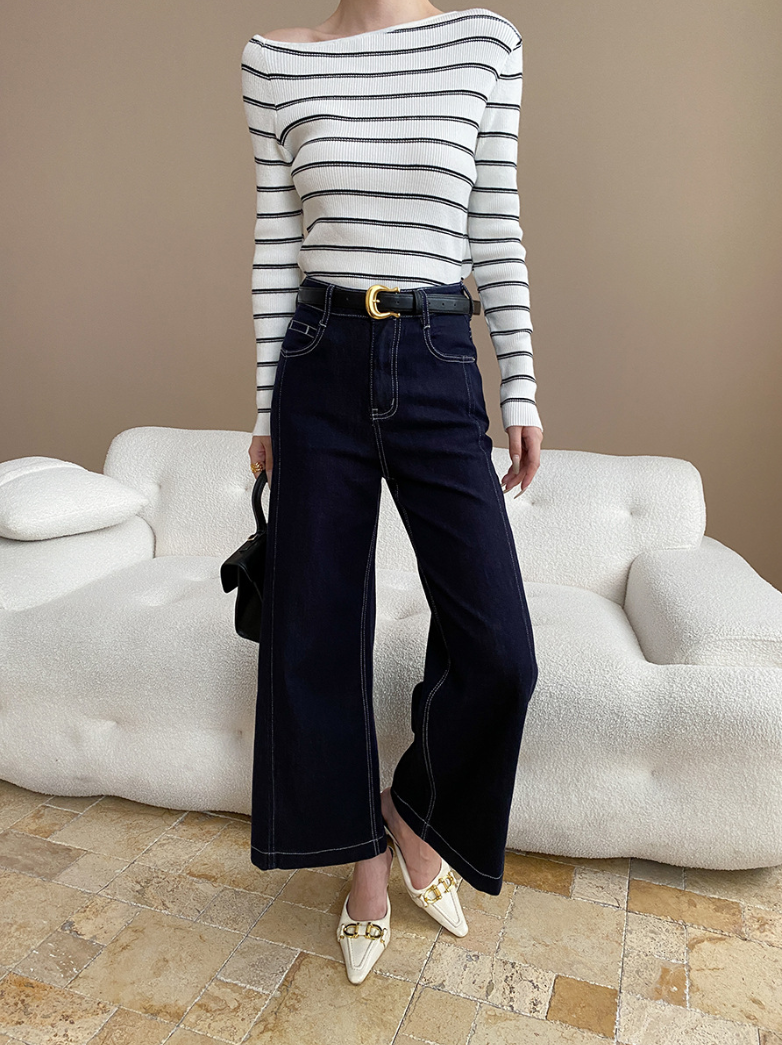 アシメネックボーダーニットトップス