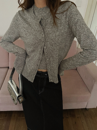 ボタンカーディガン×ノースリーブニット セットトップス