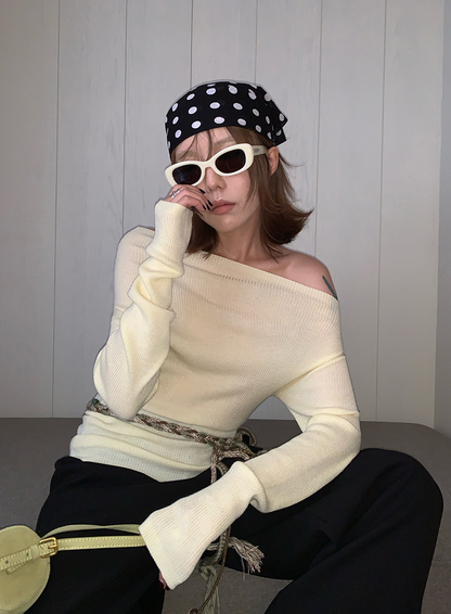 オフショルダースリムリブニットトップス