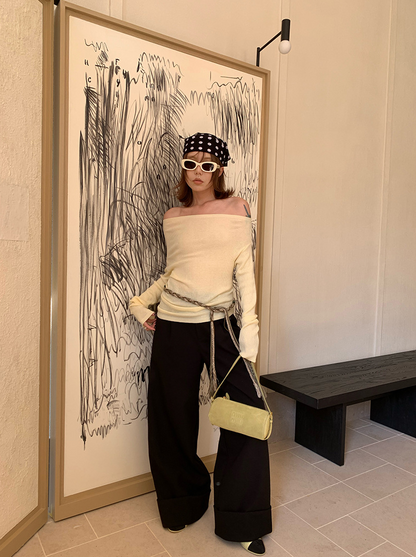 オフショルダースリムリブニットトップス