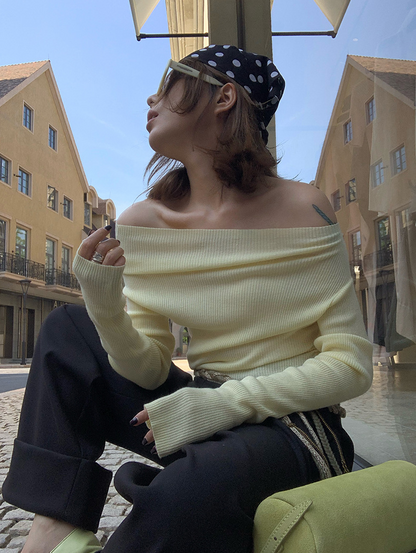 オフショルダースリムリブニットトップス