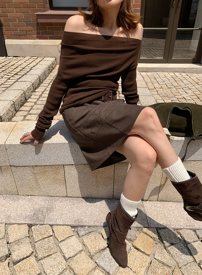 オフショルダースリムリブニットトップス
