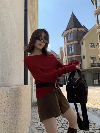 オフショルダースリムリブニットトップス