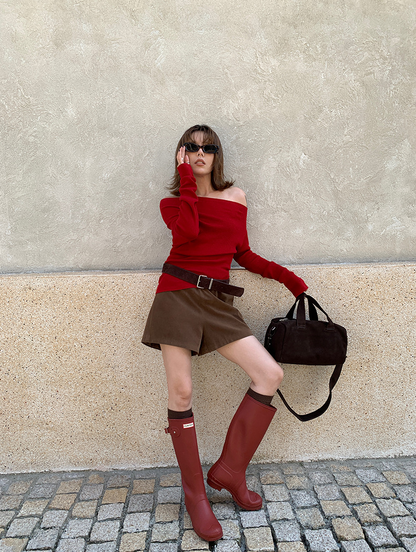 オフショルダースリムリブニットトップス