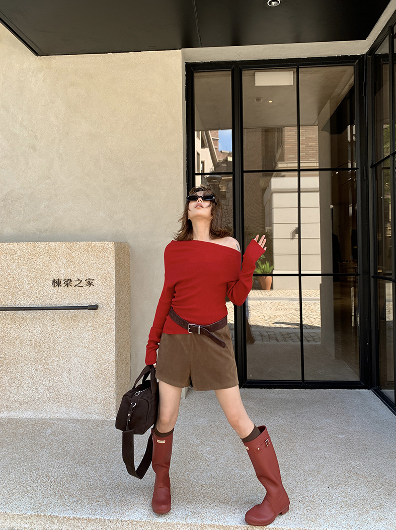 オフショルダースリムリブニットトップス