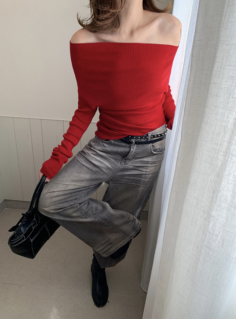 オフショルダースリムリブニットトップス