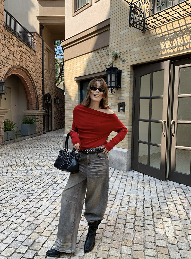 オフショルダースリムリブニットトップス