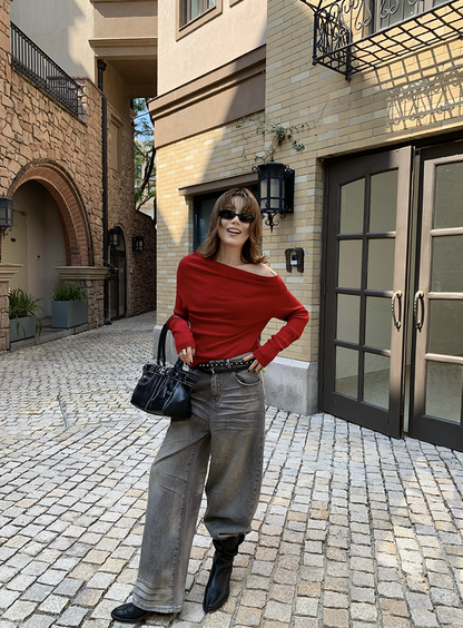 オフショルダースリムリブニットトップス