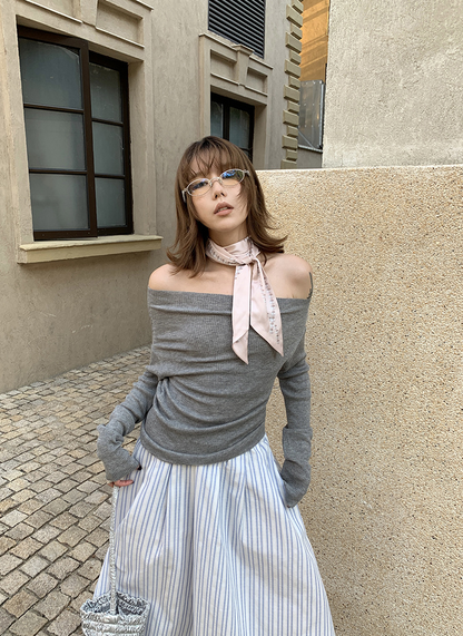 オフショルダースリムリブニットトップス