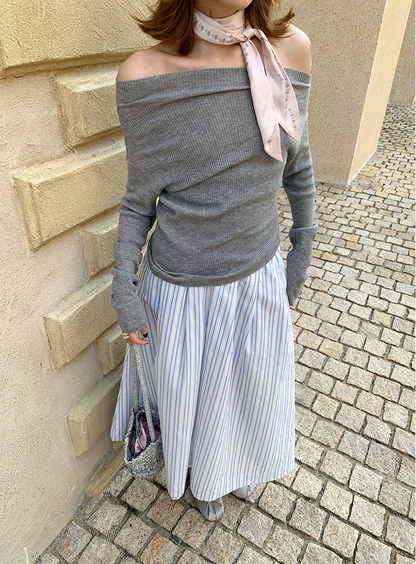 オフショルダースリムリブニットトップス