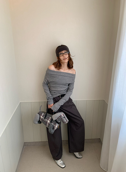 オフショルダースリムリブニットトップス