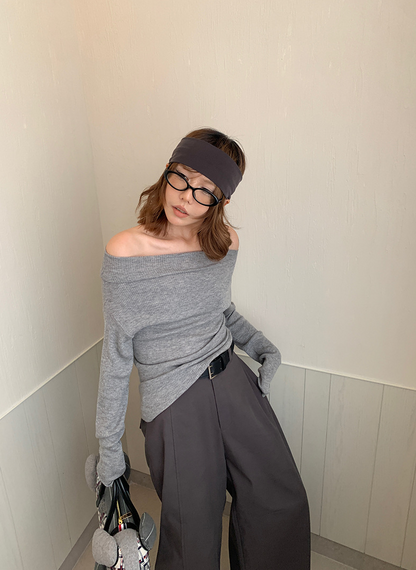 オフショルダースリムリブニットトップス