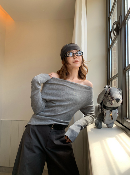 オフショルダースリムリブニットトップス