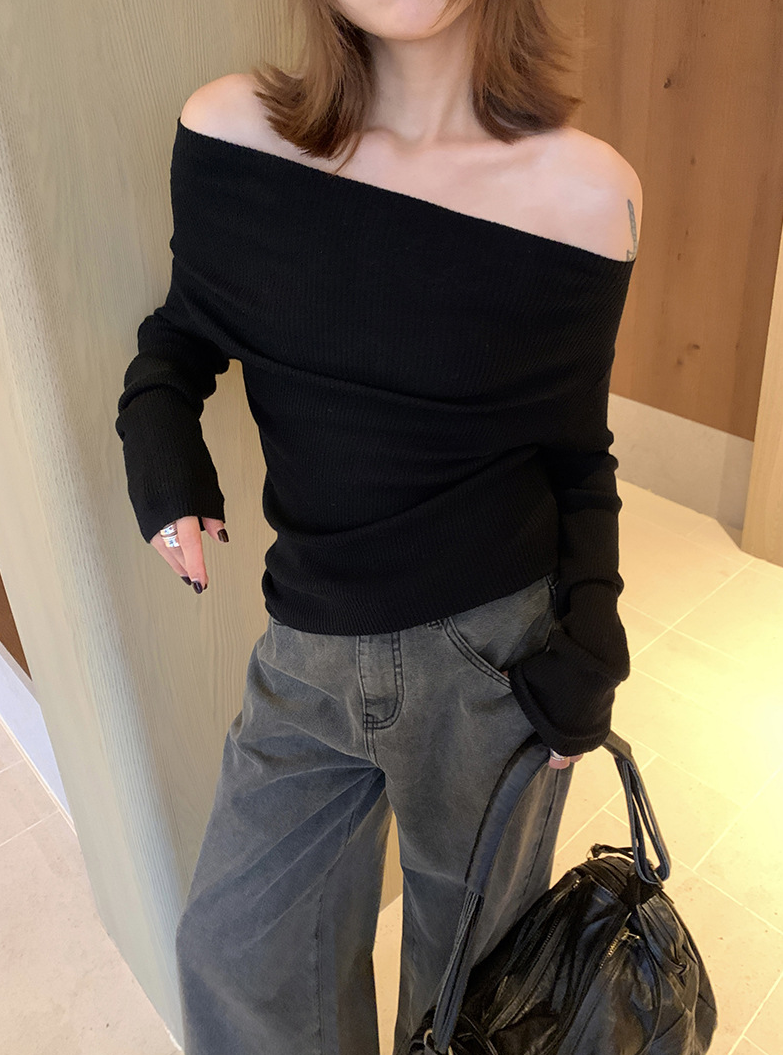 オフショルダースリムリブニットトップス