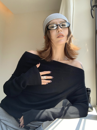 オフショルダースリムリブニットトップス