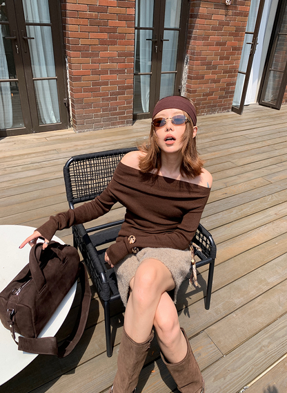 オフショルダースリムリブニットトップス