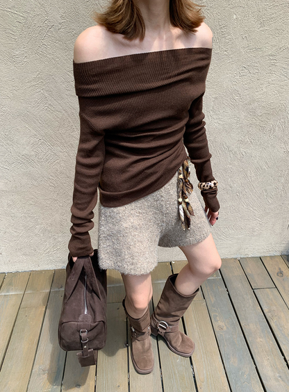 オフショルダースリムリブニットトップス