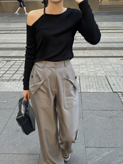 【即納】アシメショルダーニットトップス