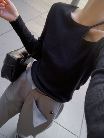 【即納】アシメショルダーニットトップス