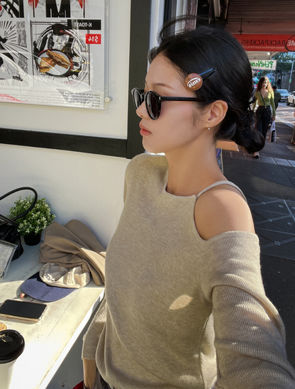 【即納】アシメショルダーニットトップス