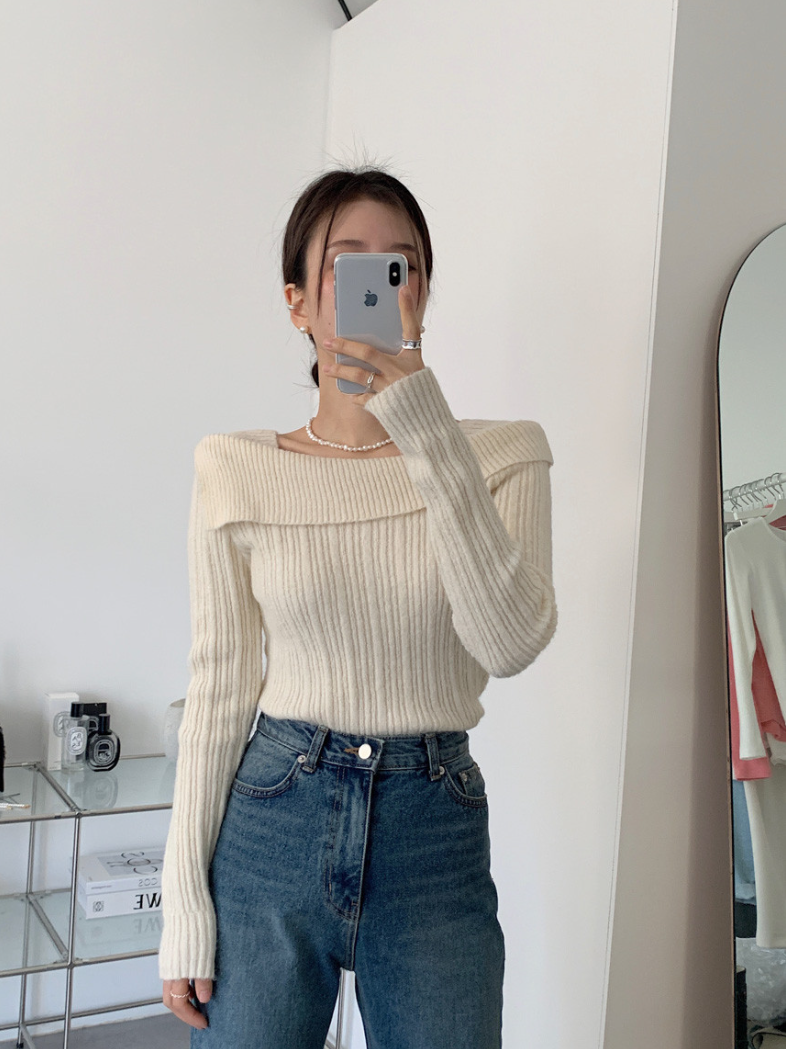 【一部即納】オフショルダーネックリブニットプルオーバー