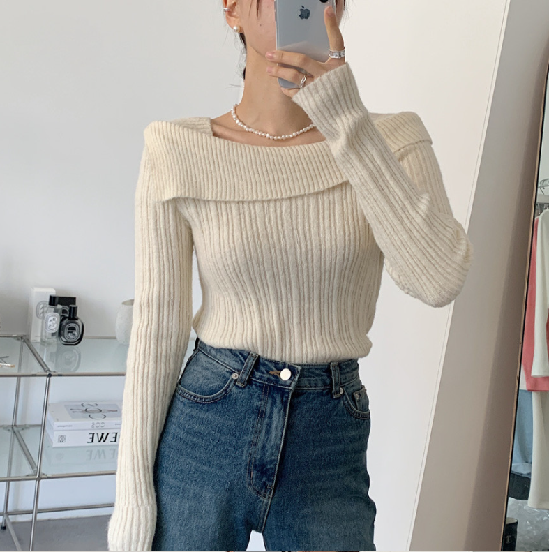 【一部即納】オフショルダーネックリブニットプルオーバー