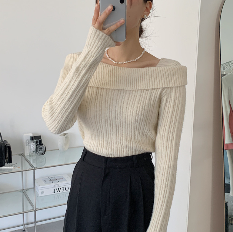 【一部即納】オフショルダーネックリブニットプルオーバー