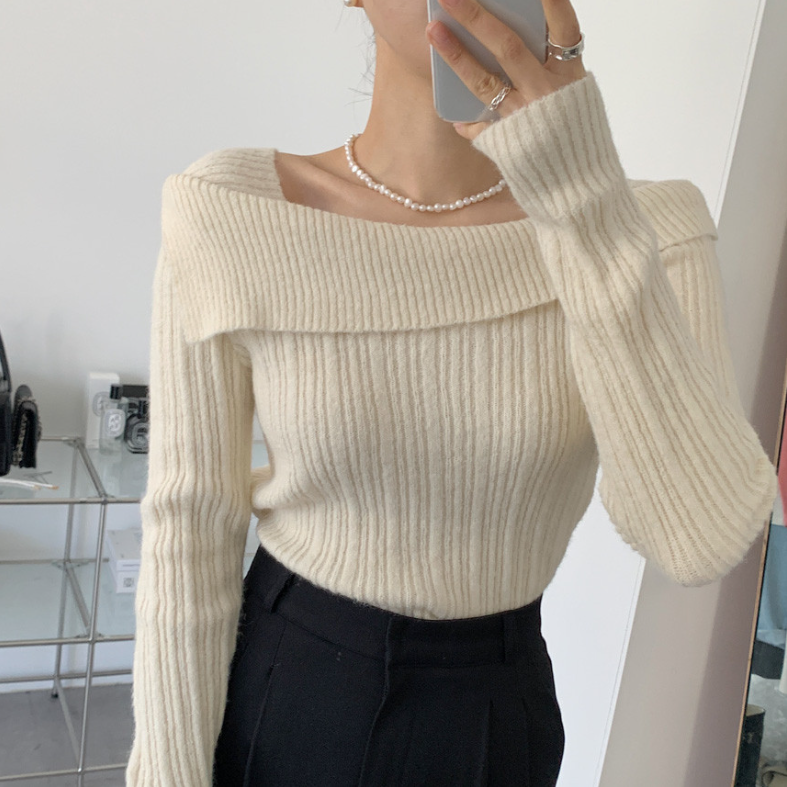 【一部即納】オフショルダーネックリブニットプルオーバー