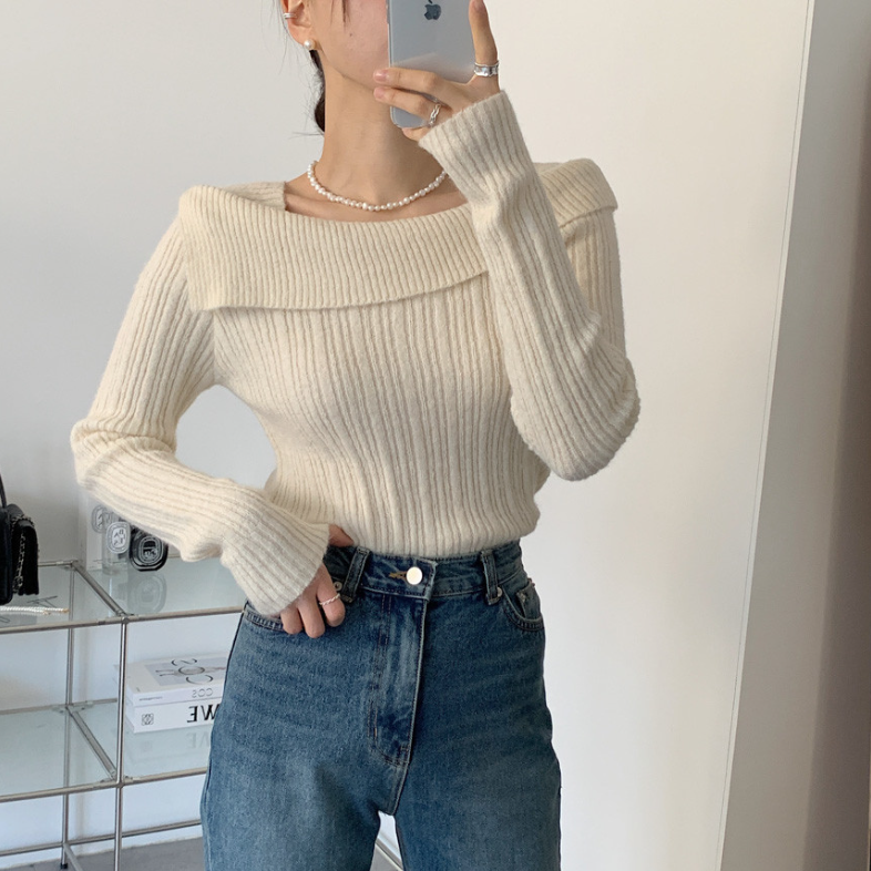 【一部即納】オフショルダーネックリブニットプルオーバー