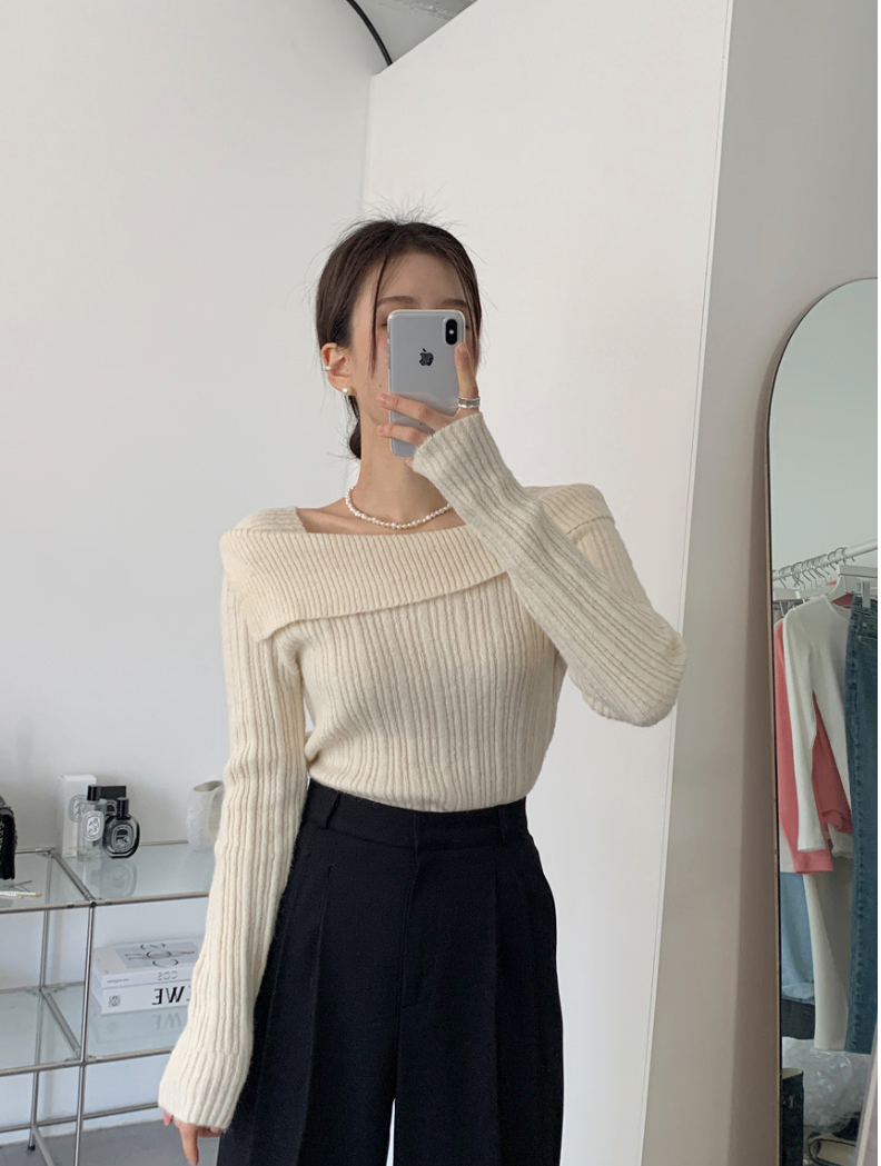 【一部即納】オフショルダーネックリブニットプルオーバー