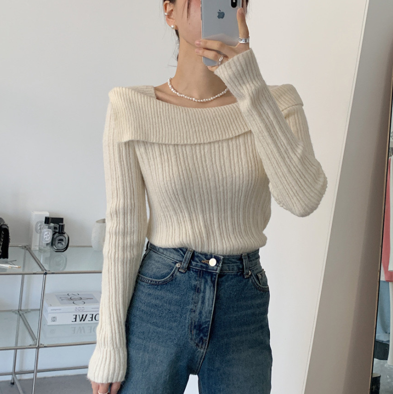 【一部即納】オフショルダーネックリブニットプルオーバー