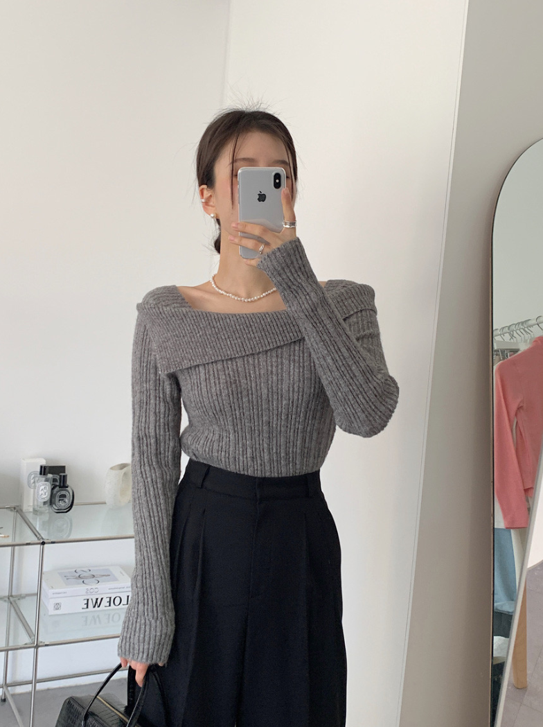 【一部即納】オフショルダーネックリブニットプルオーバー