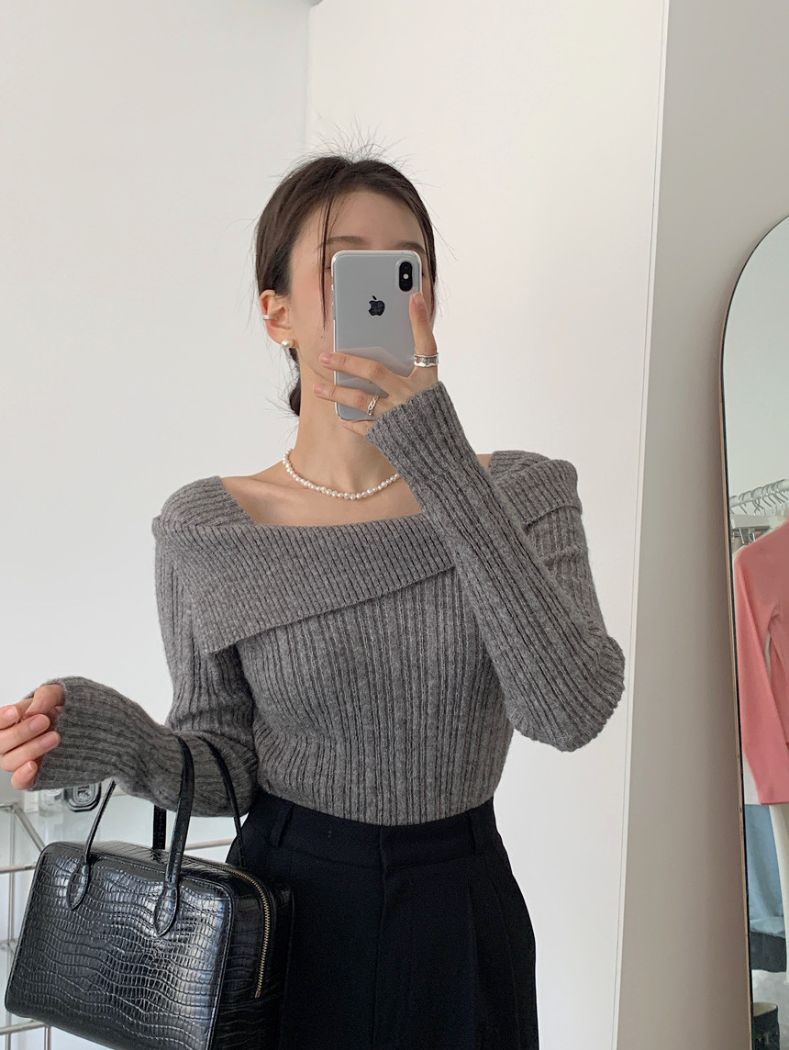 【即納】オフショルダーネックリブニットプルオーバー