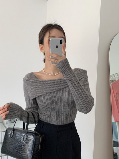 【一部即納】オフショルダーネックリブニットプルオーバー