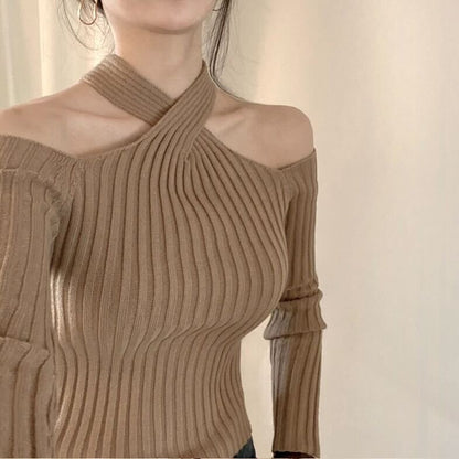 クロスオフショルダーリブニットトップス
