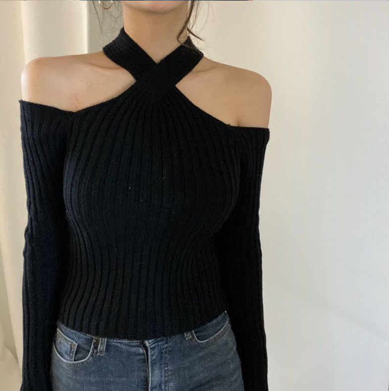 クロスオフショルダーリブニットトップス