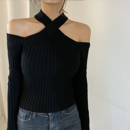 クロスオフショルダーリブニットトップス