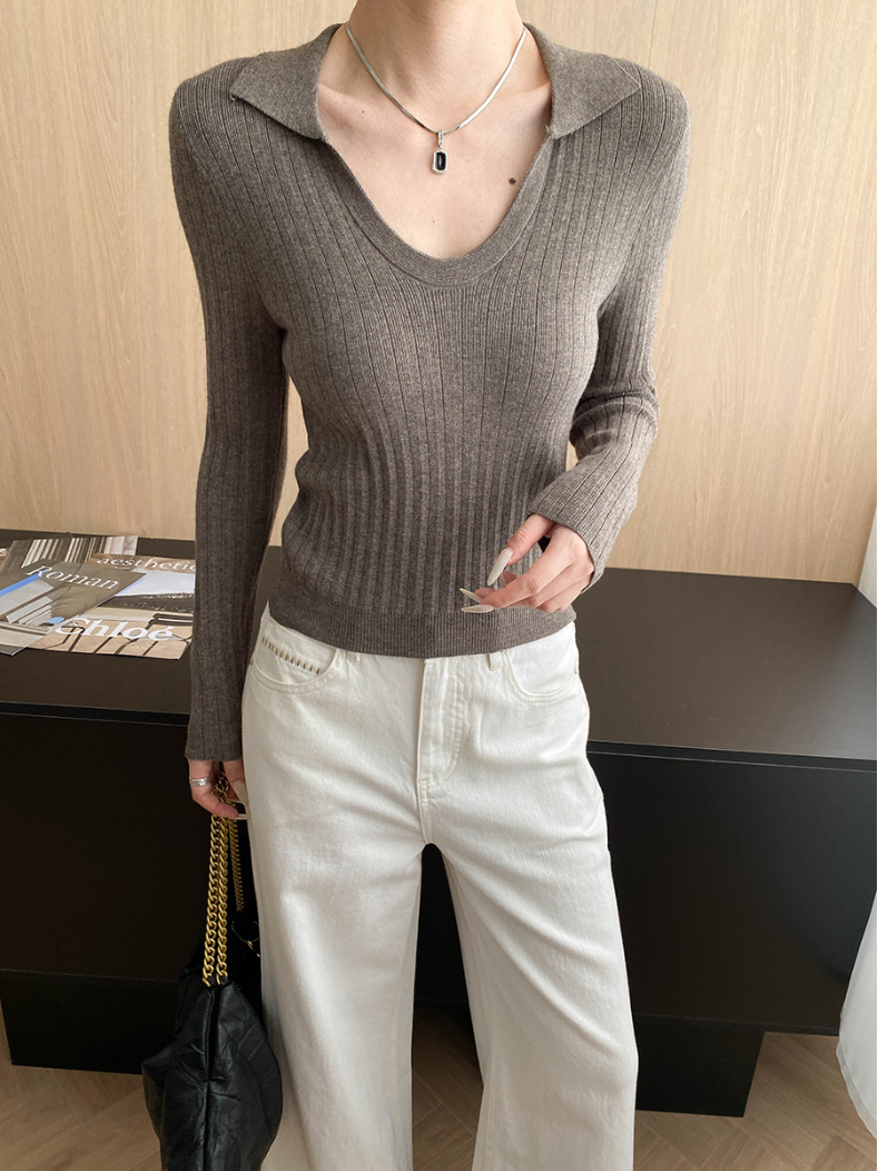 Vネックカラースリムリブニット