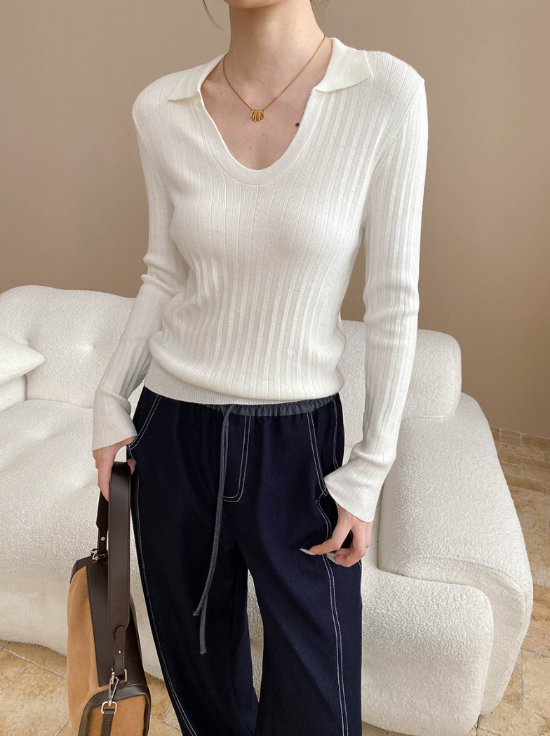 Vネックカラースリムリブニット