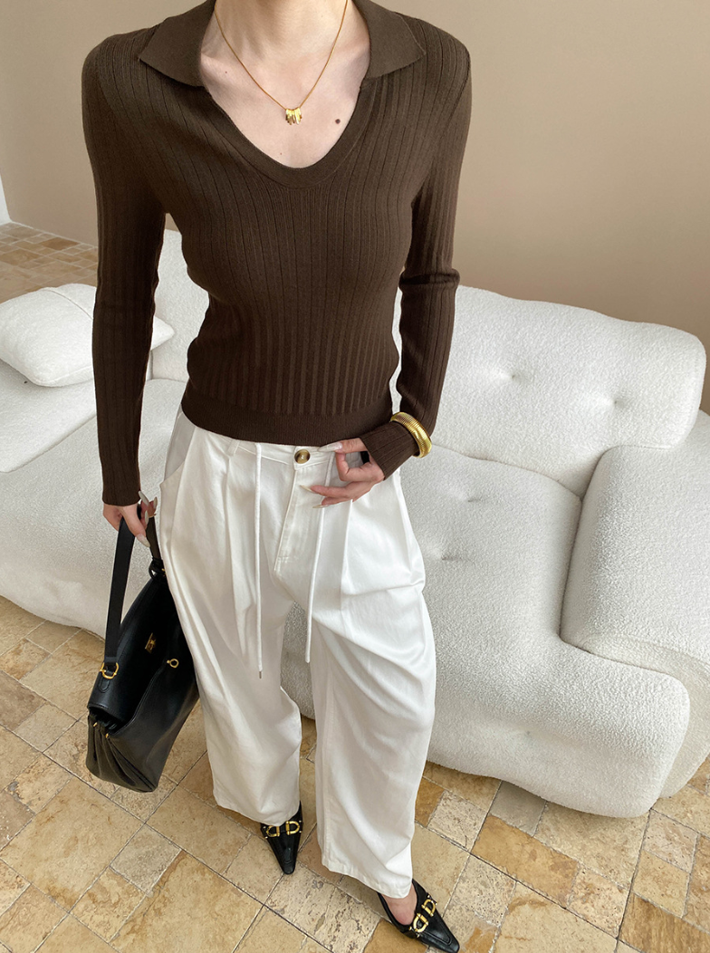 Vネックカラースリムリブニット