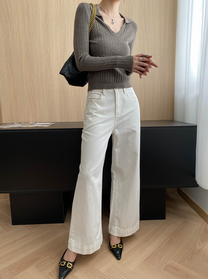 Vネックカラースリムリブニット