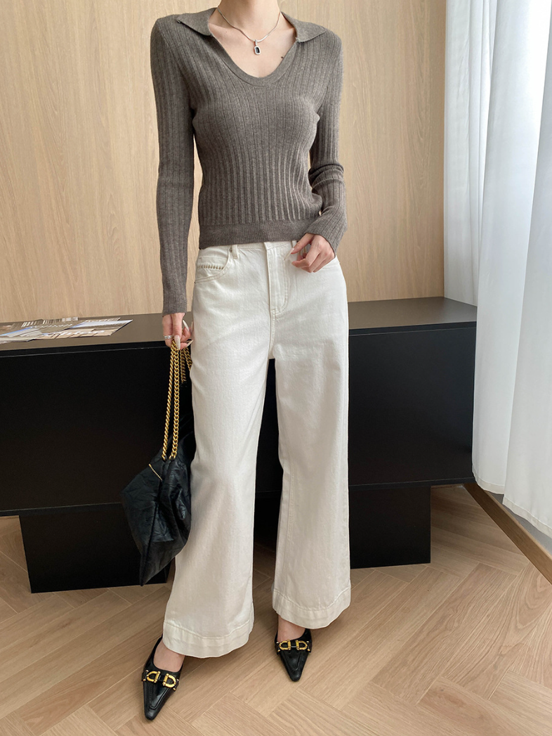 Vネックカラースリムリブニット