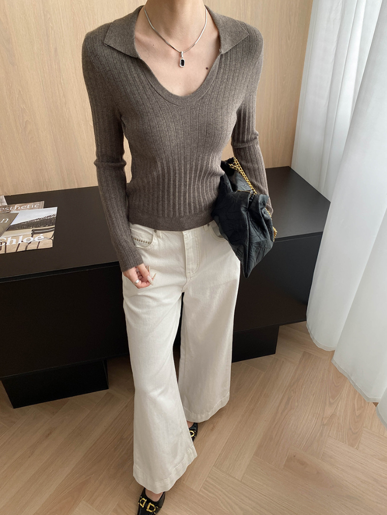 Vネックカラースリムリブニット