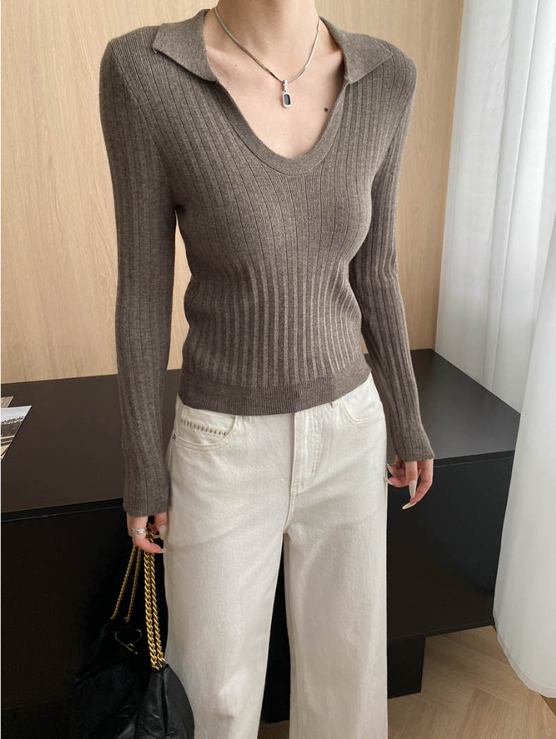 Vネックカラースリムリブニット