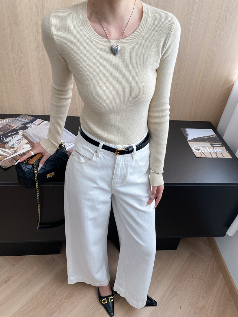 ベーシックフィットリブニットトップス