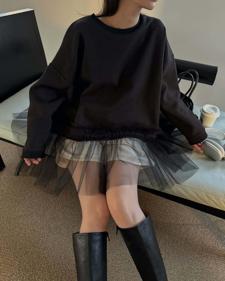 チュールヘムレイヤードスウェットトップス