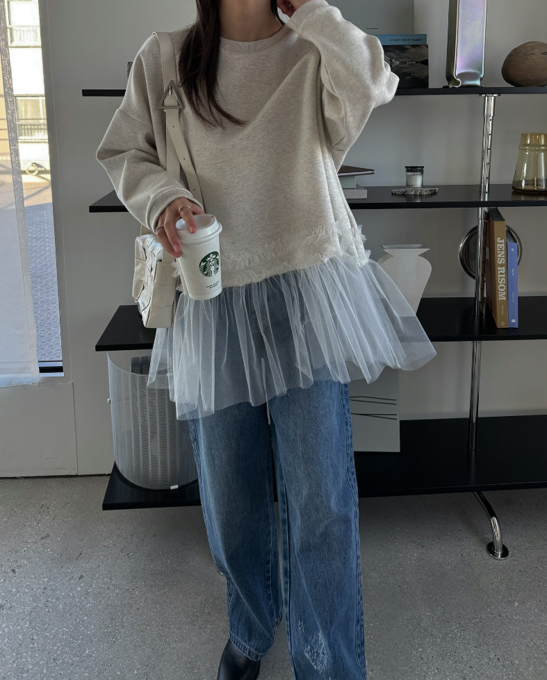 チュールヘムレイヤードスウェットトップス