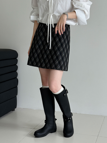［ SET ］スクエアネックベロアトップス×チェックAラインミニスカート