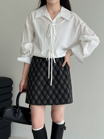 ［ SET ］スクエアネックベロアトップス×チェックAラインミニスカート